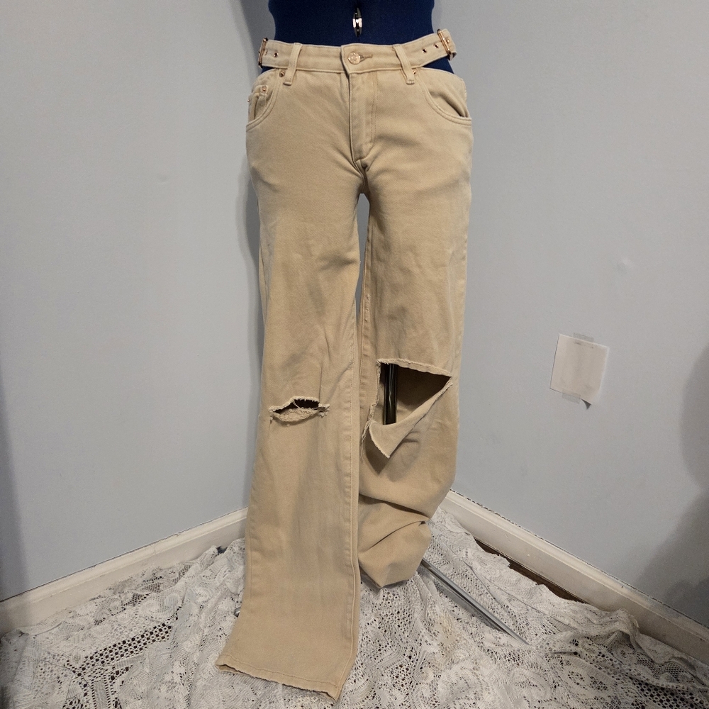 Tan Buckle Cutout Low Rise Wide Leg Ripped Jeans Size 26 x 35